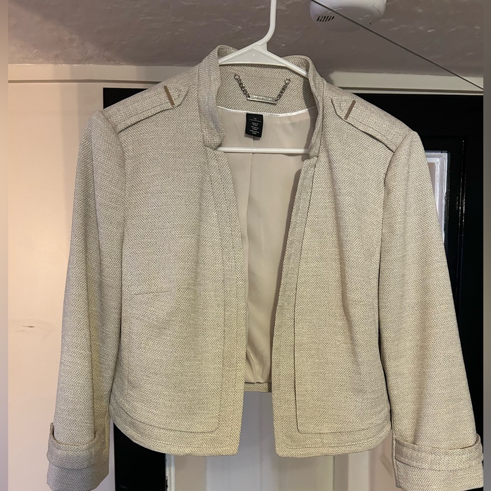 White House Black Market Cream and Gold Tweed Cropped Women's Blazer